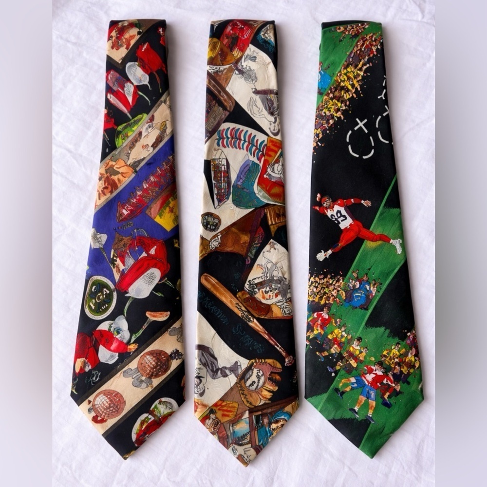 🏈⚾⛳️ Vintage 1990s Nicole Miller Silk Ties – Sports Print Set of 3